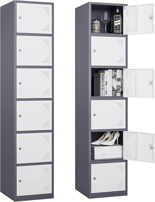 Metal Locker Cabinet with 6 Doors, 71" Storage for Employees, 6 Tier Steel Locker with Lock and Keys for School, Gym, Home, Office Staff (Grey White)