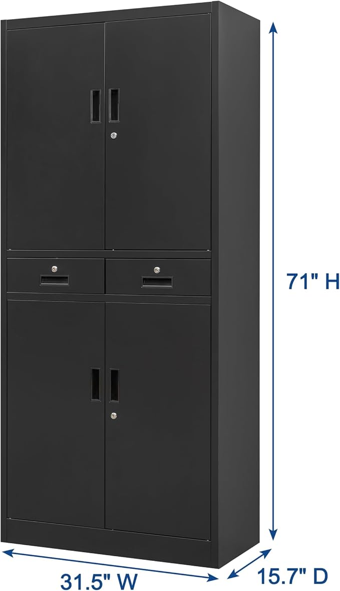 CMY Metal Storage Cabinet, 71" H x 32" W x 16" D Locking Storage Cabinet with Adjustable Shelves and 2 Drawers, Steel Cabinets for Office, Garage, Home, School, Utility Room(Black)