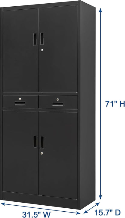 CMY Metal Storage Cabinet, 71" H x 32" W x 16" D Locking Storage Cabinet with Adjustable Shelves and 2 Drawers, Steel Cabinets for Office, Garage, Home, School, Utility Room(Black)