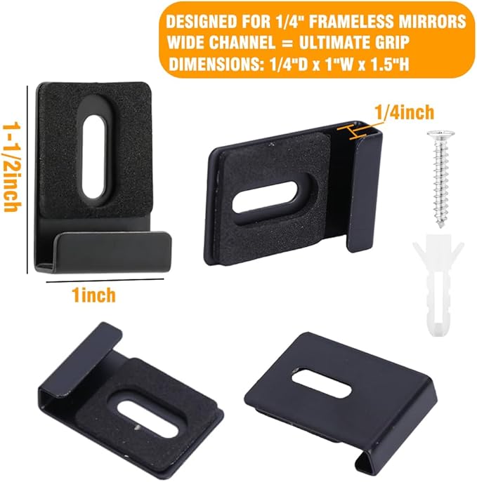 6Pcs Heavy-Duty Metal Mirror Hanger Clips - Wide Channel Rust-Resistant Brackets for Frameless Bathroom/Office/Gym Wall Mirrors, Includes Screws & Anchors
