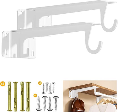 Closet Rod Bracket White WYGWP 11 inch Heavy Duty Shelf Brackets with Rod Holder Supports 200lbs,Sturdy Closet Shelves Wall Mounted for DIY Home and Closet Decor