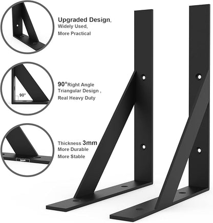 SOGAL 8 inches x 10 inches Heavy Duty Shelf Brackets,Black Shelf Bracket,Shelf Support Angle Brackets for Shelves, L Brackets Floating Shelf Brackets 4Pack