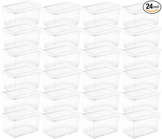 Sterilite 24 Pack Storage Boxes, Clear Plastic Stackable Containers, Lightweight Home Organizers with Snap Lids, 20 Quart, White