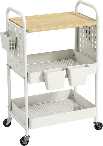 danpinera 3 Tier Rolling Cart with Wooden Table Top, White Rolling Utility Cart with DIY Pegboards & Locked Wheels, Easy Assembly for Nursery, Living Room, Studio