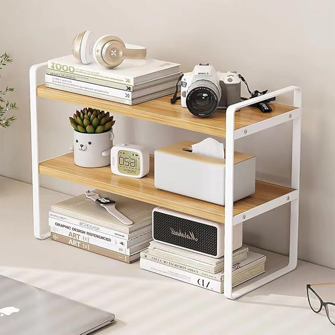 Hbluefat Desktop Organizer Shelf, 2-Tier Multipurpose Tabletop Storage Bookshelf, Small Wooden Countertop Storage Rack for Home Office Kitchen (Wood+White)