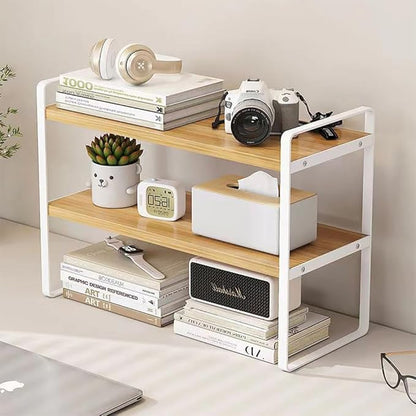 Hbluefat Desktop Organizer Shelf, 2-Tier Multipurpose Tabletop Storage Bookshelf, Small Wooden Countertop Storage Rack for Home Office Kitchen (Wood+White)