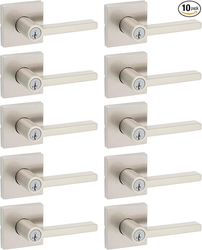 Kwikset Halifax Entry Door Handle with Lock and Key, Secure Keyed Reversible Lever Exterior, For Front Entrance and Bedrooms, Satin Nickel, 10 Pack, Pick Resistant SmartKey Rekey Security and Microban
