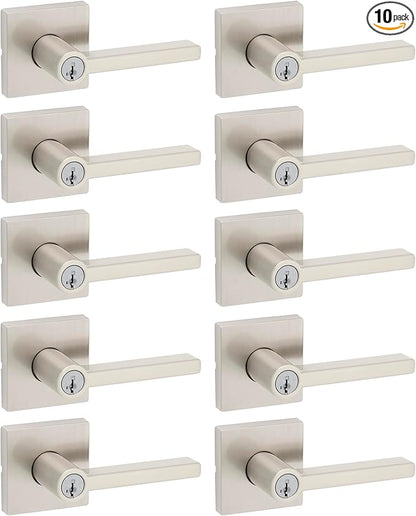 Kwikset Halifax Entry Door Handle with Lock and Key, Secure Keyed Reversible Lever Exterior, For Front Entrance and Bedrooms, Satin Nickel, 10 Pack, Pick Resistant SmartKey Rekey Security and Microban