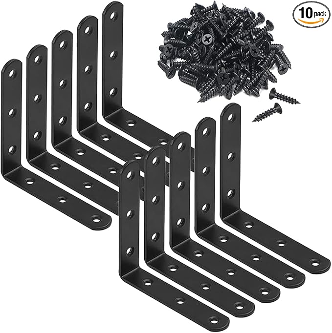10Pcs Black L Bracket Corner Braces 4 Inch Stainless Steel Heavy Duty Shelf Bracket for Wood, Shelves, Wall Hanging Support 90 Degree Joint Right Angle Brackets with Screws