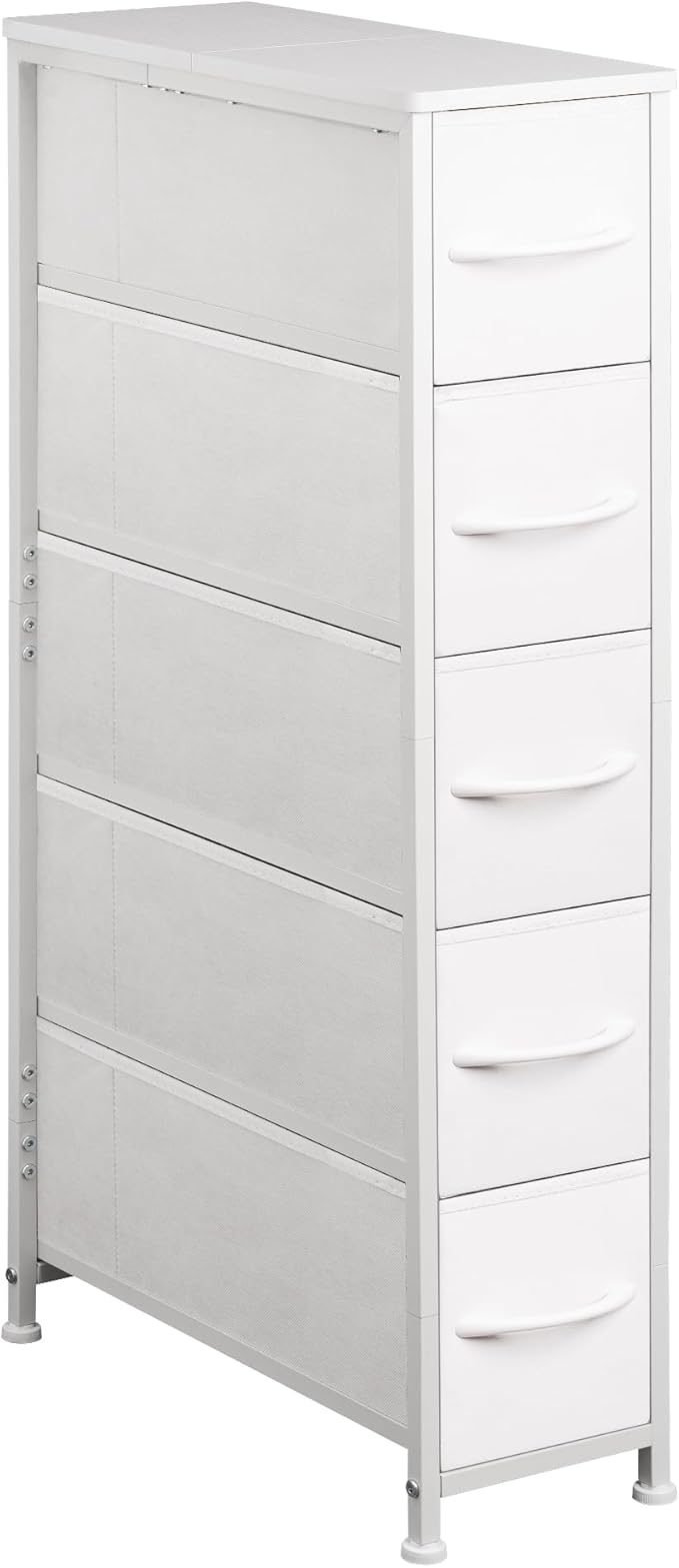 Narrow Dresser Storage Tower with 5 Drawers, Slim Dresser Chest of Drawers with Steel Frame, Wood Top, Dresser for Bedroom, Bathroom, Small Spaces, Laundry, Closet, White