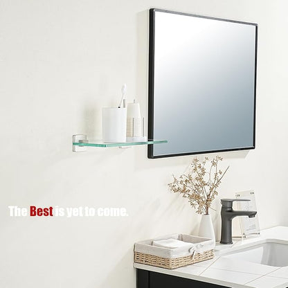 JQK Bathroom Glass Shelf, Floating Tempered Glass Shower Storage 12 by 5 inches, 304 Stainless Steel Brushed Finish Wall Mount 2 Pack, TGS201L12-BN-P2