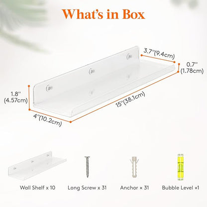 Lifewit Floating Shelves for Bathroom, 14" Clear Wall Organizer for Makeup, Perfume, Figures, Photo, Decor Shelf for Nursery, Living Room, Bedroom, Kitchen, Over Toilet Storage Rack, Clear, 10 Pack