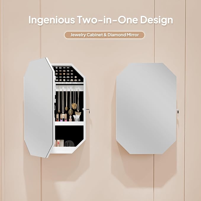 Bonnlo Modern Diamond-Shaped Jewelry Armoire, Lockable Octagonal Jewelry Cabinet Organizer with Mirror, Wall Mounted for Space Saving
