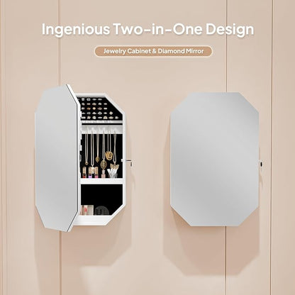 Bonnlo Modern Diamond-Shaped Jewelry Armoire, Lockable Octagonal Jewelry Cabinet Organizer with Mirror, Wall Mounted for Space Saving