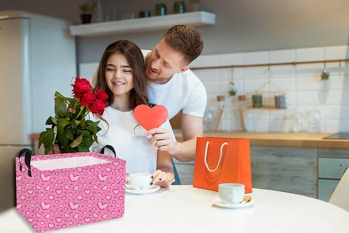 Essme Rectangular Valentine's Day Basket,Pink Heart Storage Bins Organizer with Handles for Girls Room Decor, Gift Basket,Shelf Basket.(Leopard print heart)