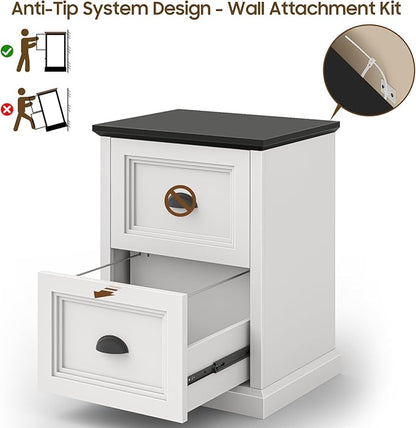 Vertical File Cabinet, Filing Cabinet with 2 File Drawers, Farmhouse Small File Cabinet Fits Letter/A4 Size, Wooden Printer Stand, Under Desk Cabinets for Home Office, White and Black