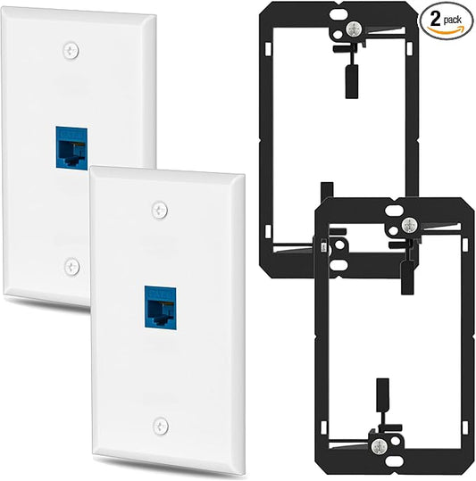 2 Pairs Ethernet Wall Plate Cat6 1 Port Keystone Jack Wall Plate with RJ45 Coupler Outlet Connector and Single Gang Low Voltage Mounting Bracket