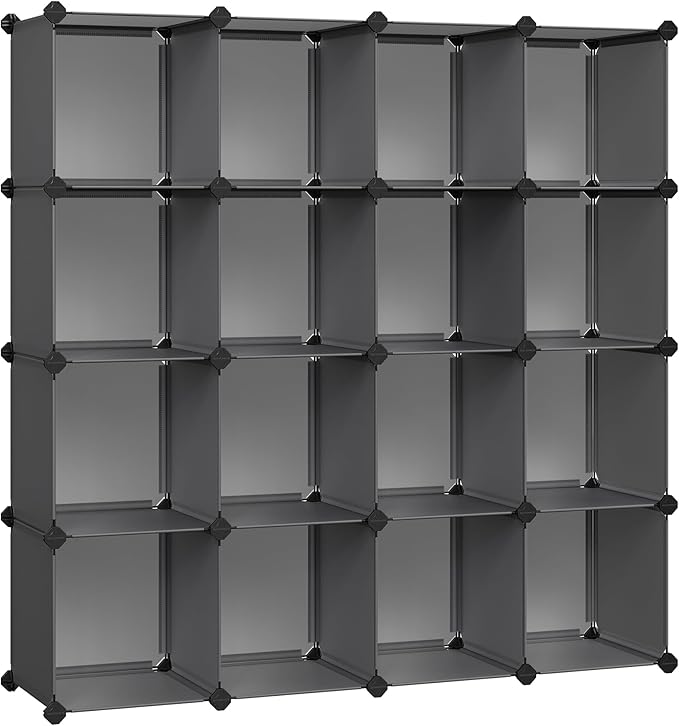 SONGMICS Cube Storage Organizer, Set of 16 Plastic Cubes, Book Shelf, Closet Organizers and Storage, Room Organization, Bedroom Living Room, 12.2 x 48.4 x 48.4 Inches, Gray ULPC442G01