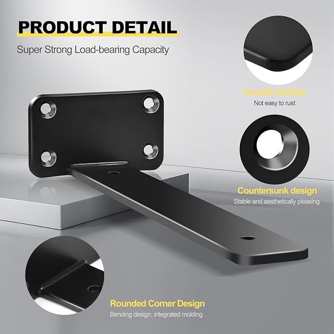 12 Pack - 6 inch Black Hidden L Shelf Bracket (1/5 Inch Thicked) Iron Floating Shelf Brackets Rustic Industrial Metal Brackets for Shelf Support