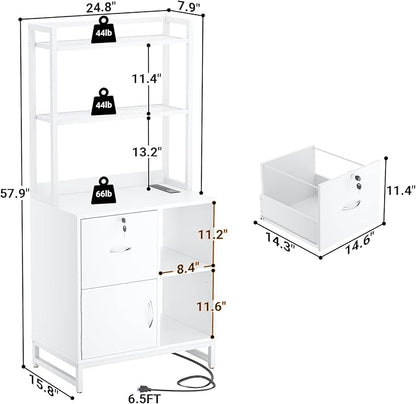 Homieasy Vertical Filing Cabinet with Bookshelf for Home Office, File Cabinet with Shelves, Lock & Charging Station, Drawer Office File Cabinets with Printer Stand, fits Letter Size, White