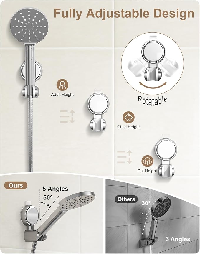 JOTPE Shower Head Holder Suction, Rotatable and Adjustable Shower Head Holder, Bathroom Suction Cup Shower Head Holder, No Drilling Shower Head Bracket, Removable Wall Mounted Suction Bracket