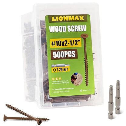 LIONMAX Wood Screws 2-1/2 Inch, Deck Screws #10 x 2-1/2", 500 PCS, Rust Resistant, Epoxy Coated, Exterior Wood Screw, Outdoor Decking Screws, Torx/Star Drive Head, T25 Star Bit Included, Brown