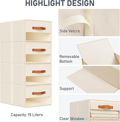 DIMJ Closet Organizers and Storage - Fabric Bins with Drawers for Closet Foldable Clothes Organizers with Clear Window, Stackable Storage Drawers Units for Bedroom, Living Room, Medium 6-Pack, Beige