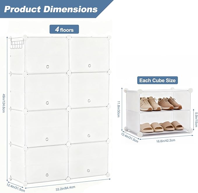 DUMOS Shoe Rack Organizer, 8-Tier Shoe Storage Cabinet with Door, Stackable Plastic Shoe Shelves Organize for Closet,Entryway,Hallway,Bedroom, 32 Pairs, White