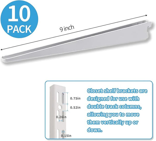 10 Pack 9‑Inch Adjustable Wire Shelf Brackets – Heavy‑Duty Double‑Track Closet & Wall Shelving System Supports（White）