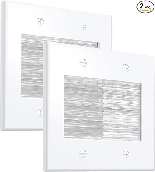 Fosmon 2-Gang Brush Wall Plate 2 Pack, Double Gang Cable Management Kit for Cable pass through, Wire Cord Hider for Wall Mounted TV, Coaxial, HDMI, Ethernet Speaker Low Voltage Wires - White