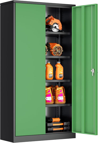 Bonusall Mental Garage Cabinets with 2 Doors and 4 Shelves, Locking Cabinet with for Tool，Steel Garage Storage Cabinets for Home Office, Warehouse，School(Black Green)