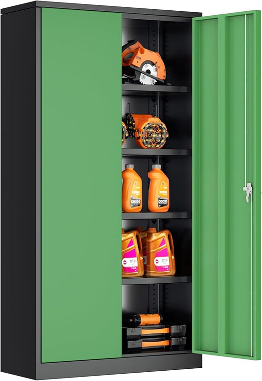 Bonusall Mental Garage Cabinets with 2 Doors and 4 Shelves, Locking Cabinet with for Tool，Steel Garage Storage Cabinets for Home Office, Warehouse，School(Black Green)