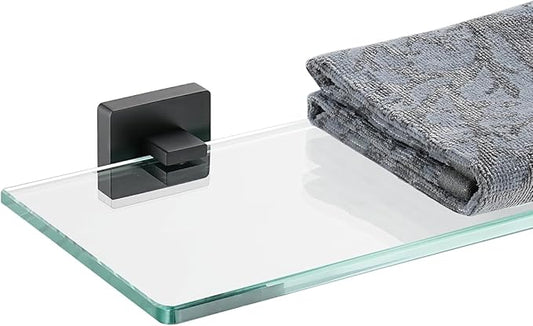 JQK Bathroom Glass Shelf Black, Tempered Glass Shower Storage 24 by 5 inches, 304 Stainless Steel Matte Black Wall Mount, TGS201L24-PB