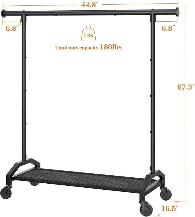 Clothes Rack Clothing Racks for Hanging Clothes Heavy Duty Clothes Rack Hanger Rack 200lbs Capacity Industrial Wheels 1" Pipe,Rolling Garment Rack Portable Clothes Rack Black