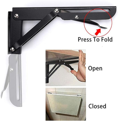 Sumnacon Sturdy Folding Shelf Brackets - Heavy Duty Black Metal Triangle Table Bench Folding Shelf Bracket 8 Inch, 2 Pcs Folding Shelf Hinge Wall Mounted, Max Load 99lb