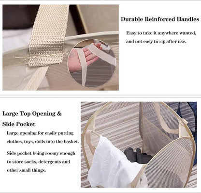 Mesh Popup Laundry Hamper, Foldable Laundry Basket Clothes Hamper for Home, Apartment, College Dorm or Travel, Collapsible for Storage, Beige