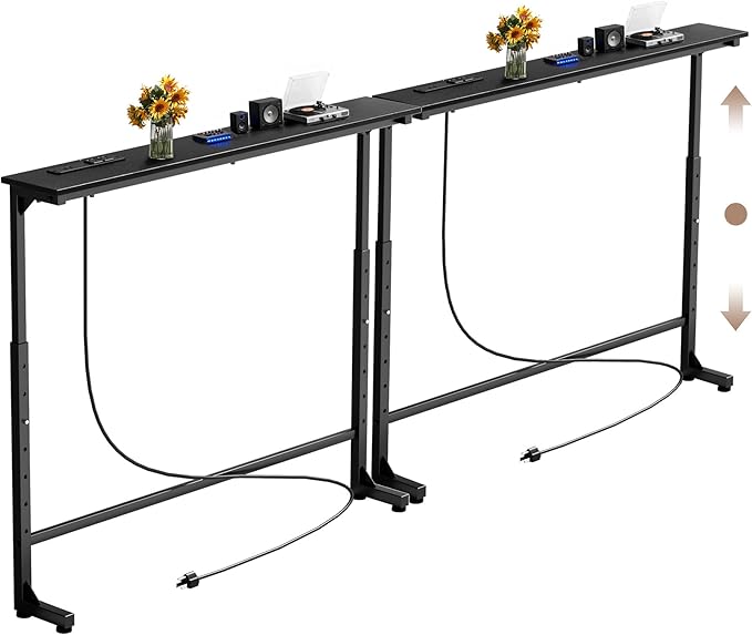 70 inch Narrow Console Table with Outlet,Adjustable Height(25"-37") Behind Sofa Table,Couch Behind Table Skinny,Couch Shelf with Charging Station,Long Entryway Tables for Living Room,Black