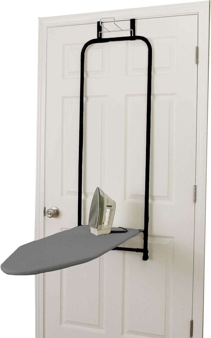 Household Essentials Over The Door Ironing Board, Self-Closing, Slim and Compact, Perfect for Small Spaces, Includes Padded Board Cover, Matte Black