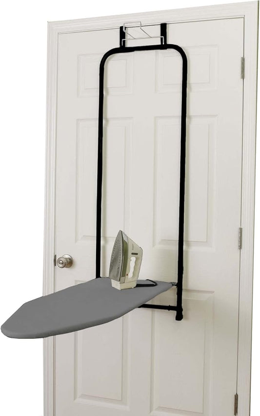 Household Essentials Over The Door Ironing Board, Self-Closing, Slim and Compact, Perfect for Small Spaces, Includes Padded Board Cover, Matte Black
