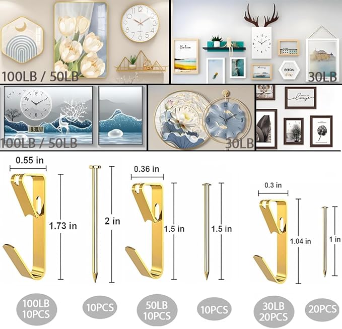 80pcs Picture Hanging Kit,3 Size Picture Hangers Including 30/50/100lbs,Picture Frame Hooks with Nails,Hanging Nails for Wall Art for Wooden Wall Or Drywall (40Hangers+40Nails) (100 50 30LB 80Pcs)