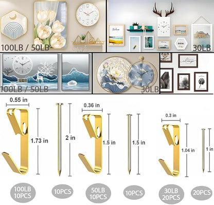 80pcs Picture Hanging Kit,3 Size Picture Hangers Including 30/50/100lbs,Picture Frame Hooks with Nails,Hanging Nails for Wall Art for Wooden Wall Or Drywall (40Hangers+40Nails) (100 50 30LB 80Pcs)
