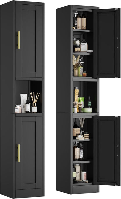 67" Tall Narrow Storage Cabinet Metal Bathroom Cabinet with 2 Doors & 4 Adjustable Shelves, Standing Pantry Cabinets Cupboard for Kitchen, Dining Room, Living Room and Bathroom (Black)
