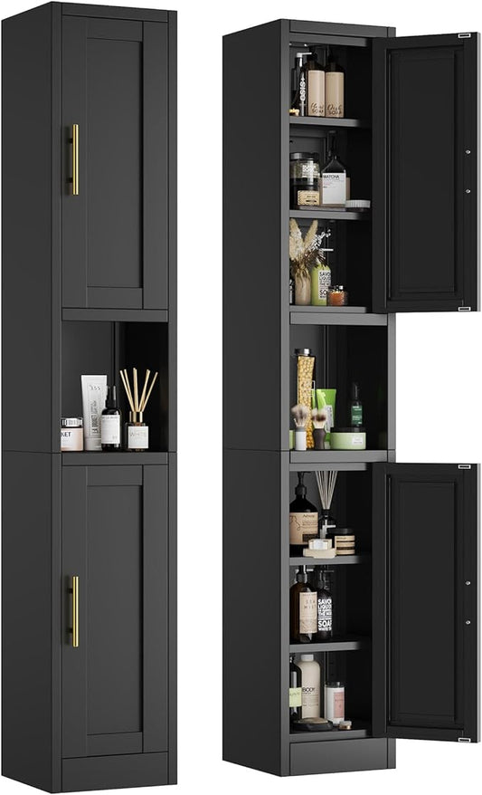 67" Tall Narrow Storage Cabinet Metal Bathroom Cabinet with 2 Doors & 4 Adjustable Shelves, Standing Pantry Cabinets Cupboard for Kitchen, Dining Room, Living Room and Bathroom (Black)