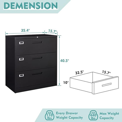 MIIIKO Lateral File Cabinet with Lock, 3 Drawer Lateral Filing Cabinet, Large Deep Drawers Locked by Keys, Metal Storage File Cabinet for Hanging Files Letter/Legal/F4/A4 Size