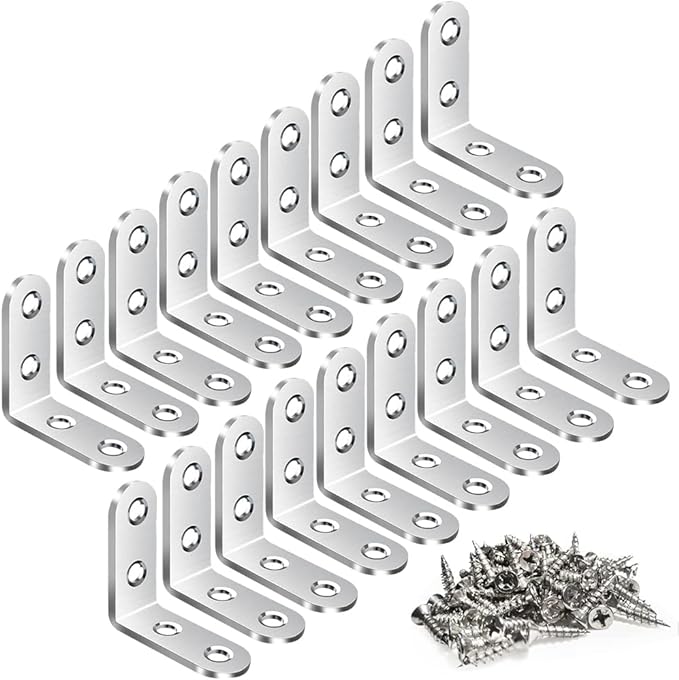 18PCS L Bracket, Stainless Steel Corner Brace for Wood, Metal Right Angle Bracket for Furniture with 72PCS Screws (1.57 x 1.57 inch)