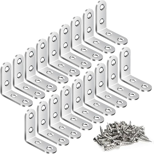 18PCS L Bracket, Stainless Steel Corner Brace for Wood, Metal Right Angle Bracket for Furniture with 72PCS Screws (1.57 x 1.57 inch)