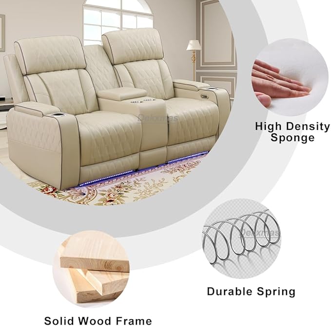 Living Room Furniture Sets, Power Recliner Sofa Couches, Beige Breathing Leather Sofa Loveseat with 2 Recliner Seats/Cup Holders/LED Light/USB Port for Living Room, Apartment, Office