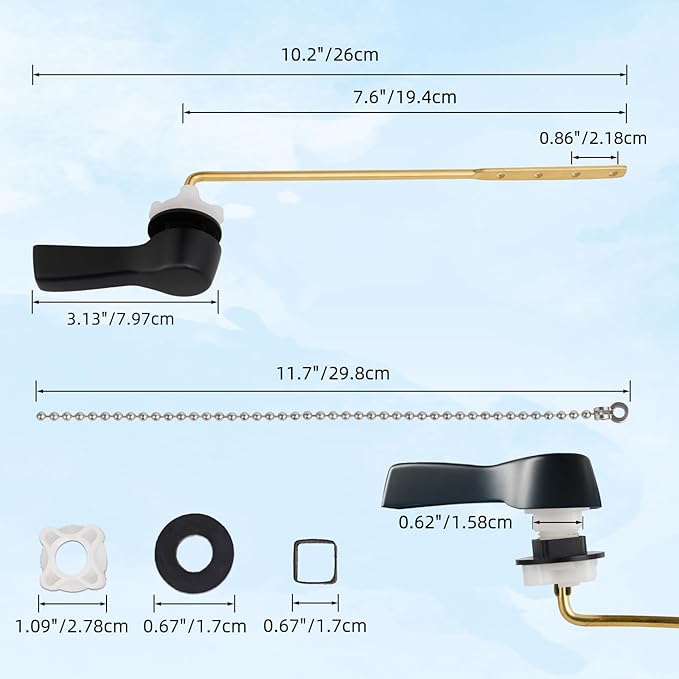 Hibbent Universal Front Mount Metal Toilet Handle Replacement Kit, Brass Toilet Tank Flush Lever with Stainless Steel Adjustable Flapper Chains for Most Toilets, Matte Black