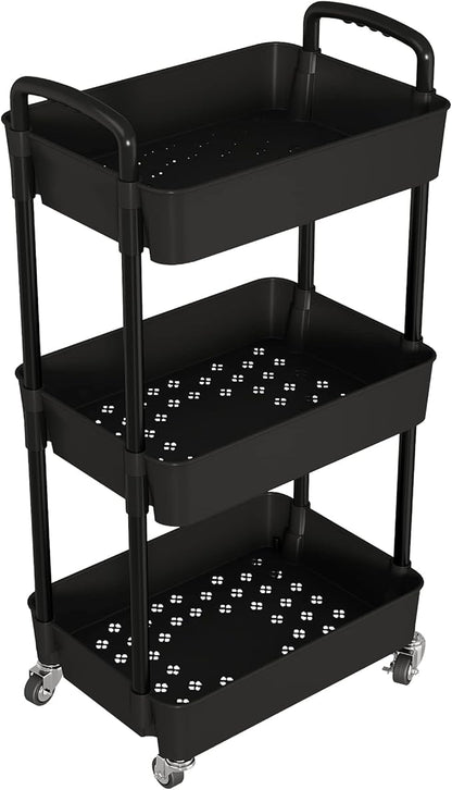 Laiensia 3-Tier Storage Carts,Multifunction Utility Rolling Cart Kitchen Storage Organizer,Mobile Shelving Unit Cart with Lockable Wheels for Bathroom,Laundry,Living Room,With Classified Sticker,Black