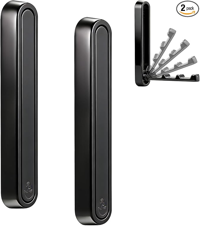 2 Pcs Extended Folding Coat Hooks Wall Mounted, 4.33 in Black Foldable Wall Hooks Heavy Duty Valet RV Hooks Bathroom Towel Hooks Robe Hooks for Hanging Towels Clothes Coat Hat Bags